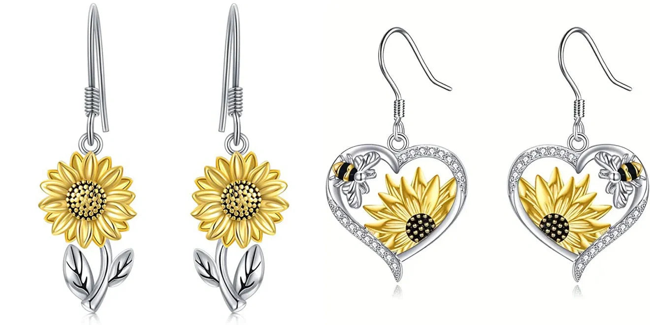 Stylish silver bee sunflower heart earrings for women, perfect for nature lovers.