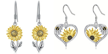 Stylish silver bee sunflower heart earrings for women, perfect for nature lovers.