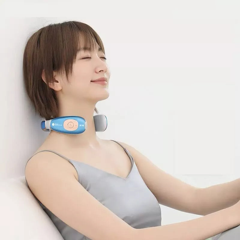 Rechargeable neck massager in white, bright blue, or sapphire blue with handheld remote control