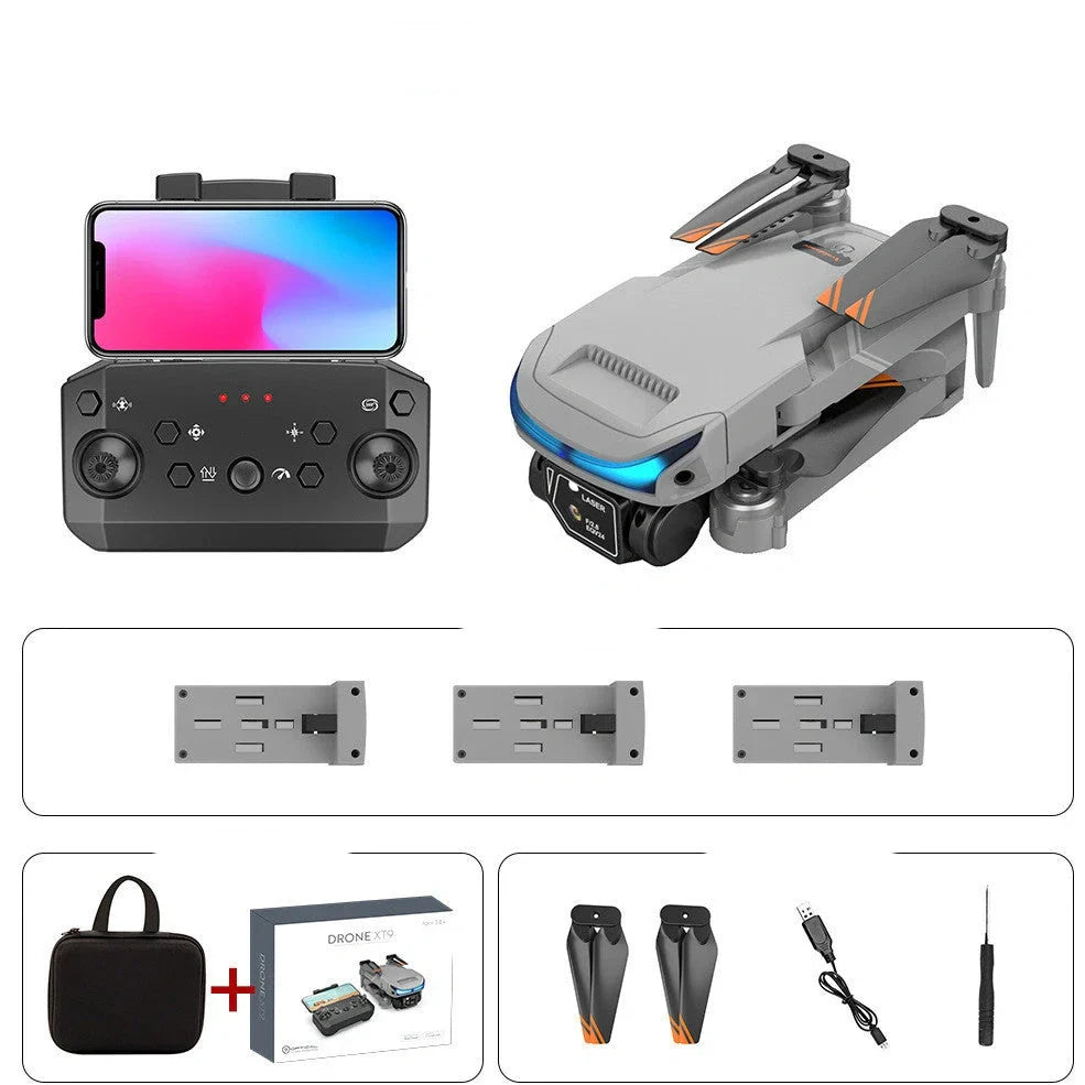 Black foldable drone with dual 4K cameras, unfolded to 18cm with protective covers installed