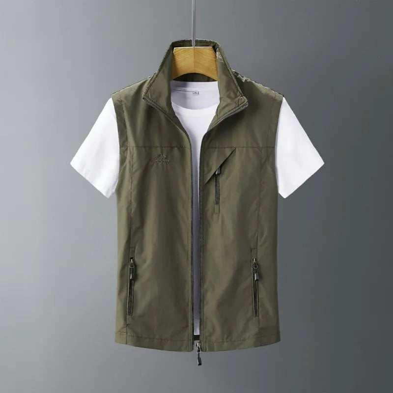 Man wearing a slim-fit army green rabbit fur waistcoat with a hood, showing the texture and fit.