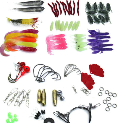 Lure Suit 132-piece fishing bait set with soft plastic lures and high-carbon steel hooks in a compact case