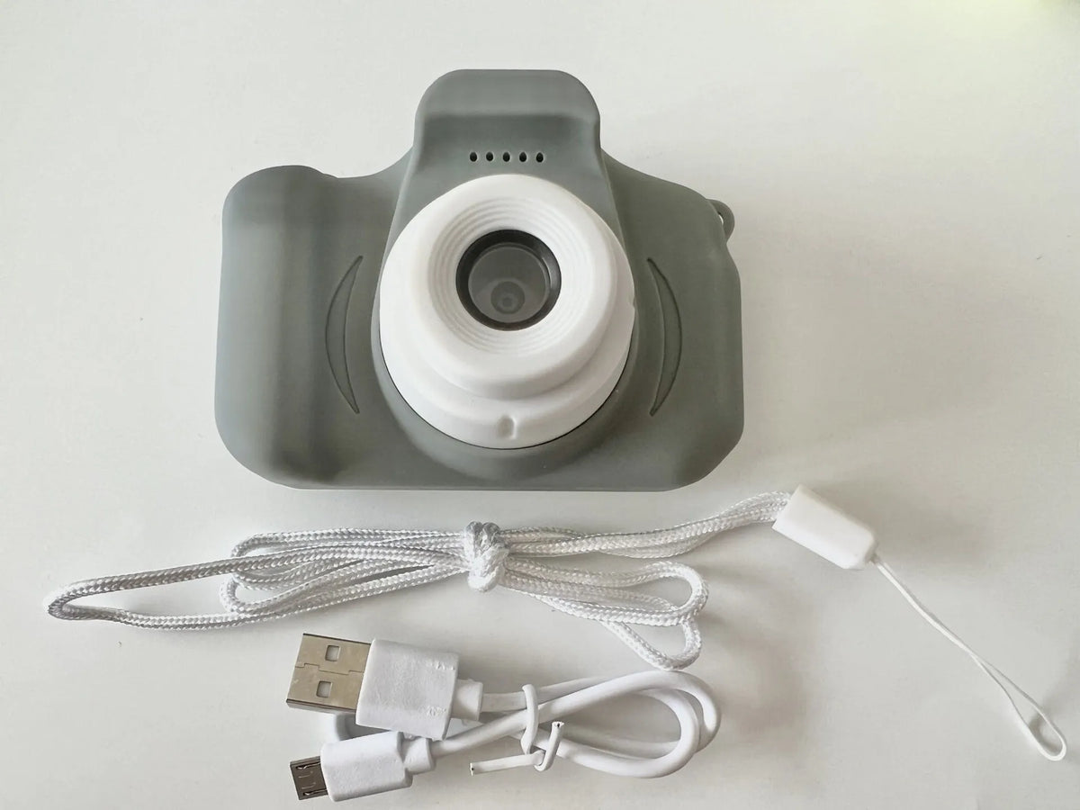 Colourful kids digital camera with silicone case showing 2-inch screen and lens.