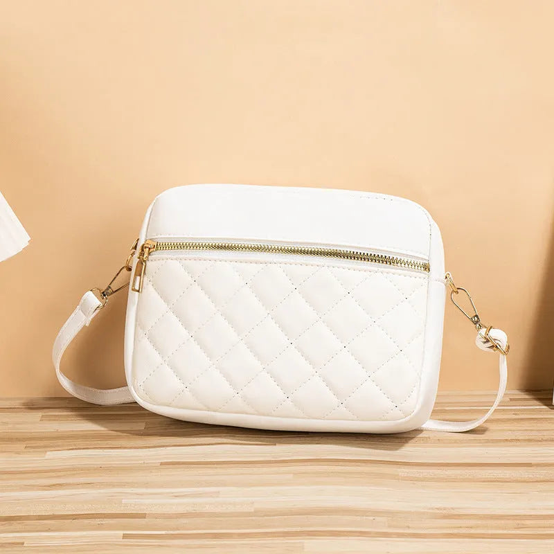 Large-capacity PU crossbody bag with diamond mesh, stitching, horizontal square shape, in white, black or pink