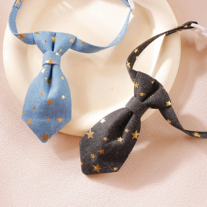 Designer dog collar with long tie and golden star, adjustable S 14-20cm or M 19-32cm, black or blue