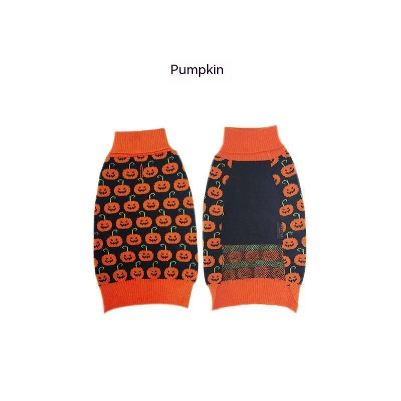 Halloween dog sweater in orange and black designs for small to XL dogs