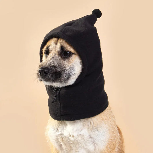 Bear headdress with rabbit ears pet hat in leopard print, black, or red for dogs and cats, showing cloth material and size options.