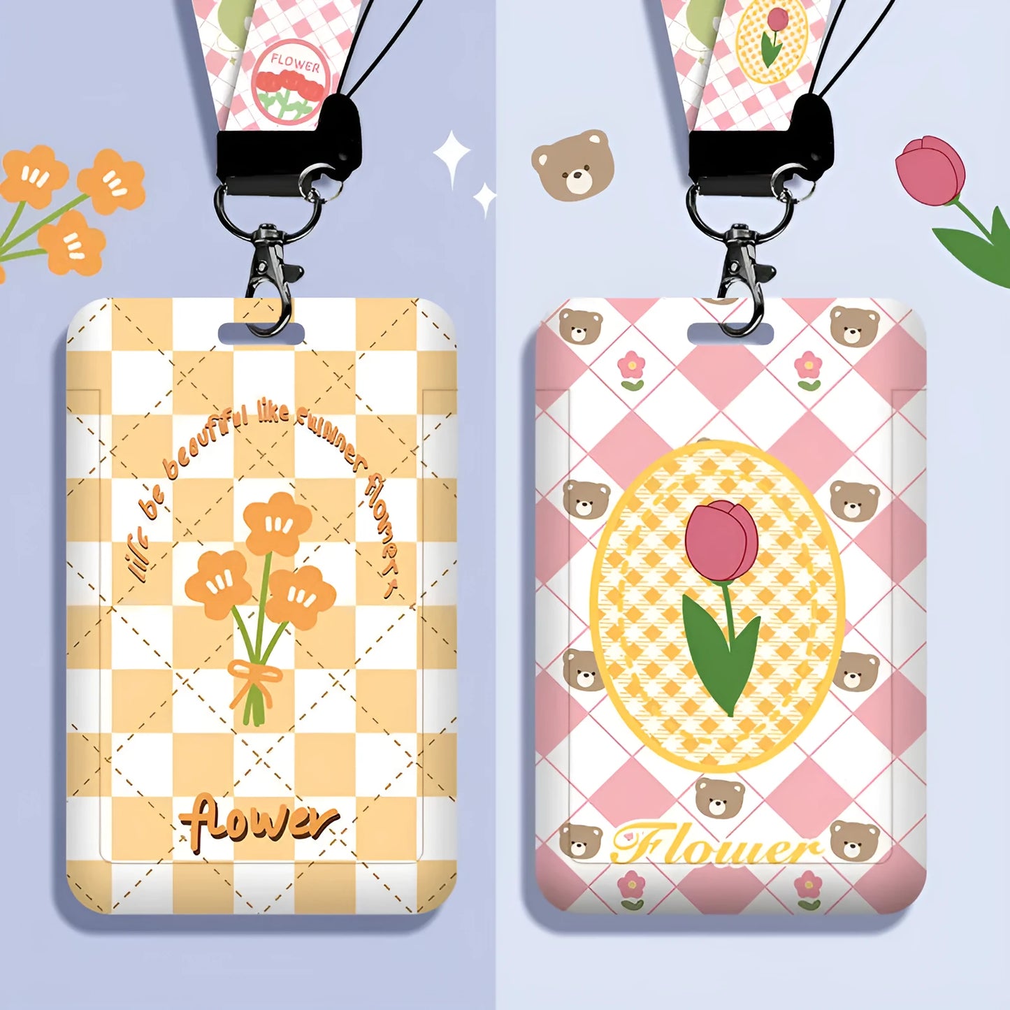 Student ID card set with plastic sleeve and neck strap in cartoon designs