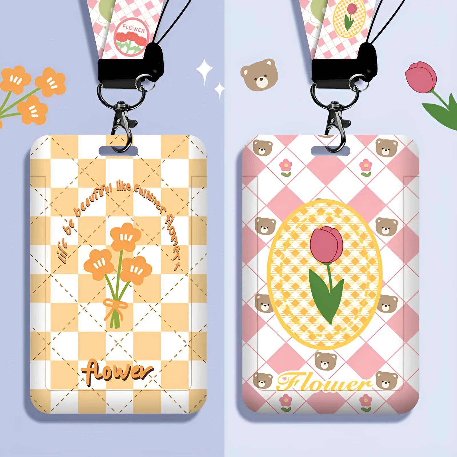 Student ID card set with plastic sleeve and neck strap in cartoon designs