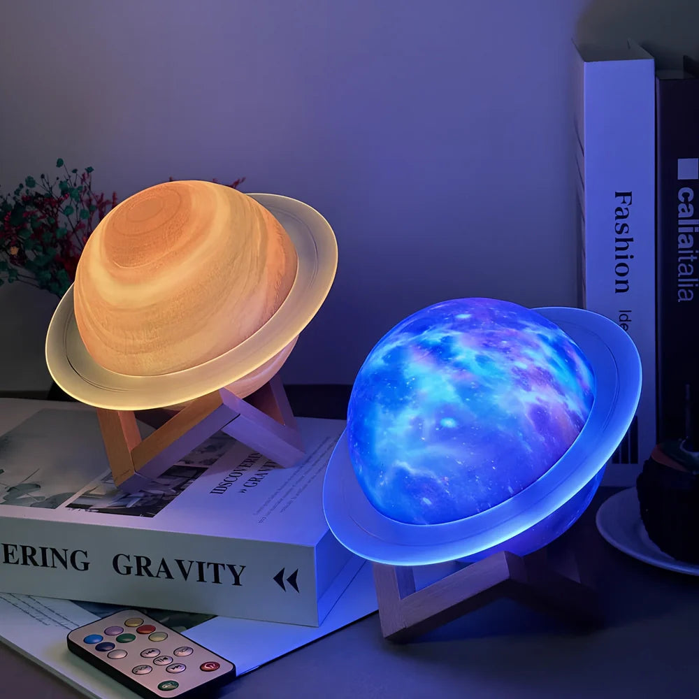 Rings of Saturn Dream Bluetooth Speaker showing 16.5cm dimensions with remote control and bracket accessories