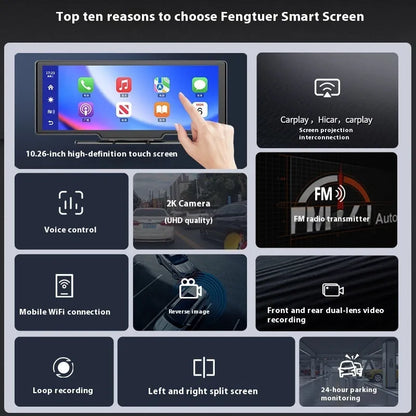 10-inch car smart screen with touchscreen, CarPlay, driving recorder, and navigation system on a dashboard