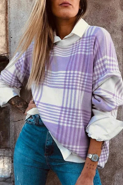 Lilac plaid print loose sweater with ribbed neckline and cuffs, long sleeves, shown in loose fit
