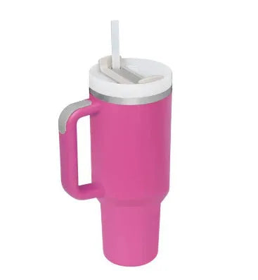 40 oz stainless steel insulated tumbler with handle and straw in tapered mug design