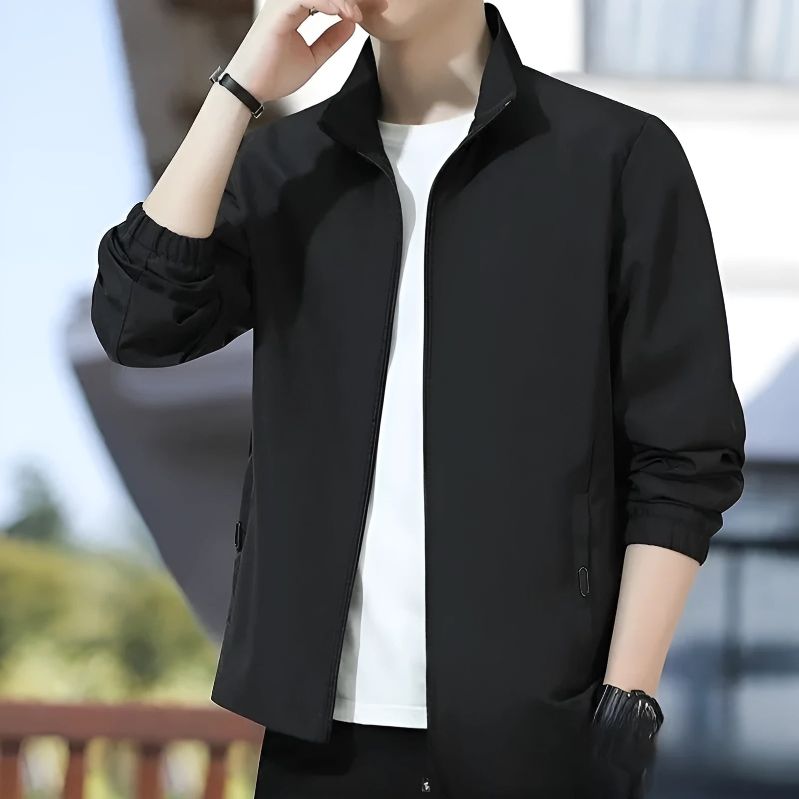 Korean-style loose lapel autumn jacket in black, grey, blue, dark blue, or navy blue with zipper pockets