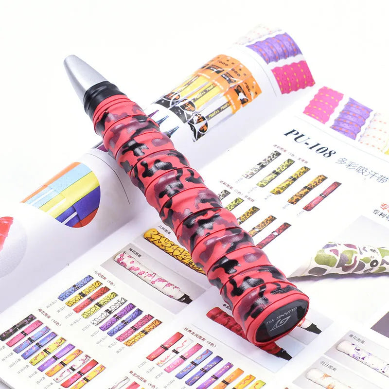Roll of PU camouflage print grip tape for badminton racket, fishing rod and table tennis bat handles.