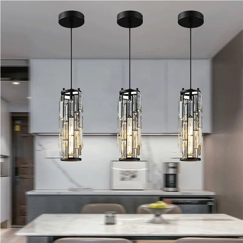 Industrial style crystal droplight with single LED head in black, gold, or chrome finish