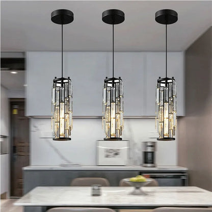 Industrial style crystal droplight with single LED head in black, gold, or chrome finish