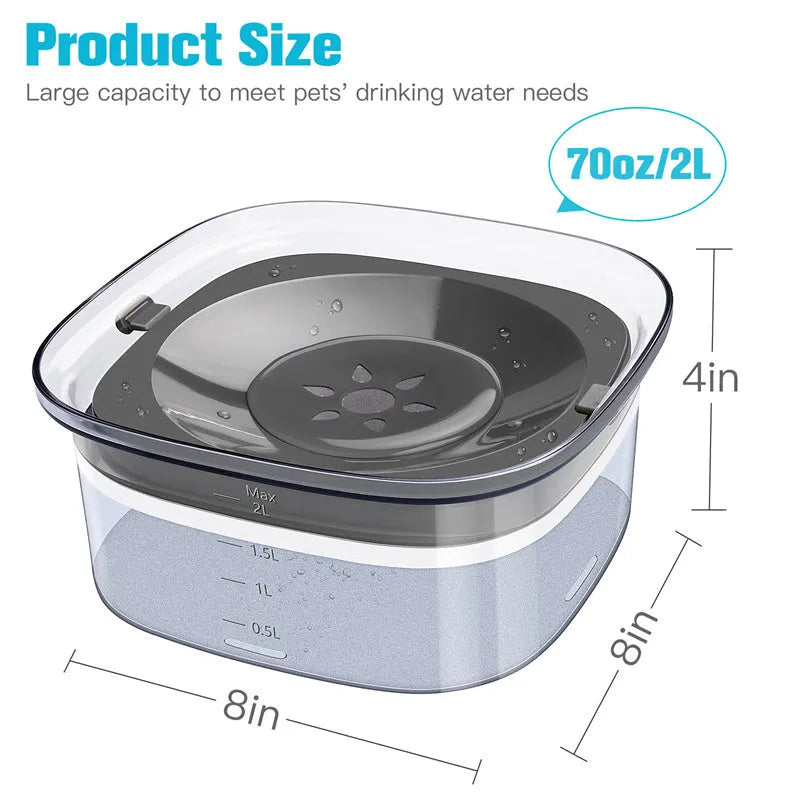 Transparent 2L dog water bowl with floating slow-feeding disk and non-slip base