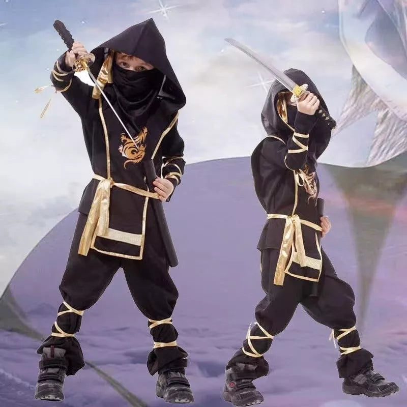 Halloween children's anime character costume set in black and gold, includes coat, pants, armor, mask, belt, headdress, and bindings