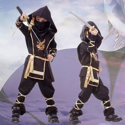 Halloween children's anime character costume set in black and gold, includes coat, pants, armor, mask, belt, headdress, and bindings