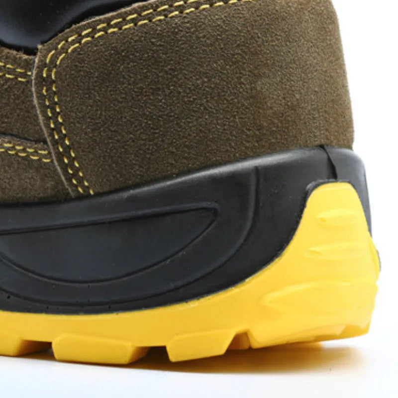 Bronze low-cut leather safety shoes with steel toe cap and patterned non-slip rubber sole.