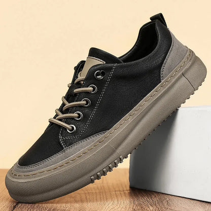 Men's black round toe leather board shoes with lace-up front and rubber sole