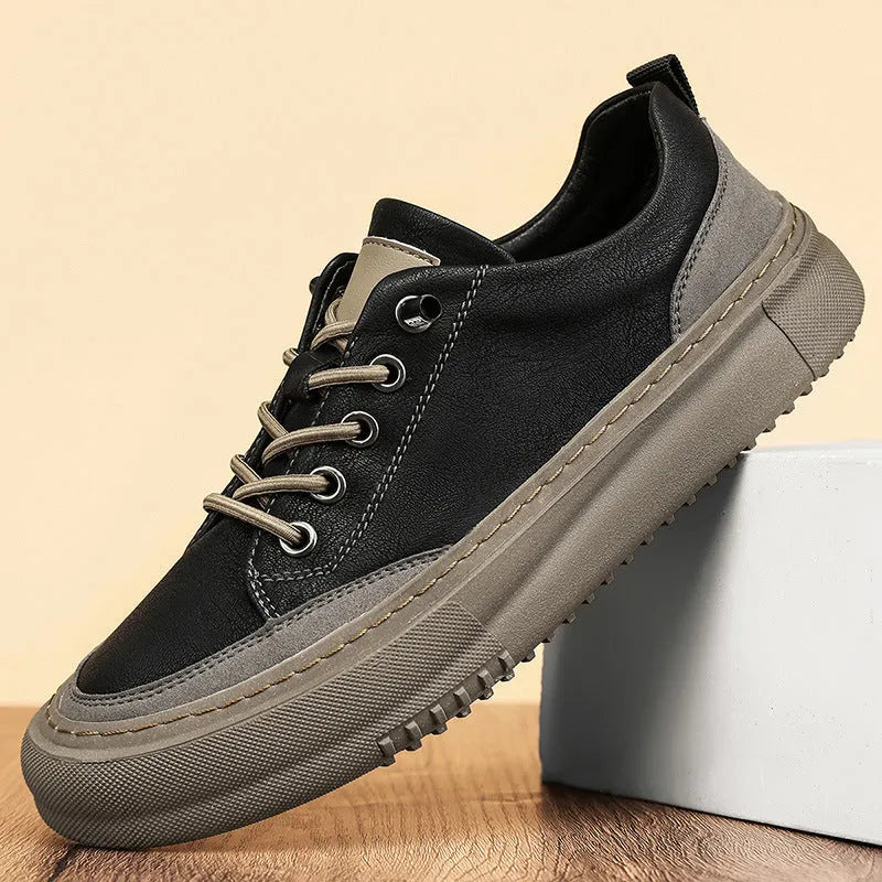 Men's Leather Shoes British Round Toe Board Shoes with Rubber Sole and Front Lace-up Closure for Universal Leisure Wear, Available in Black or Khaki with Low Heel and Viscose Shoe Sole Construction