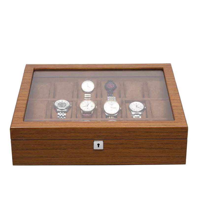 Matte wood grain lock watch storage box with 5 slots, brown color