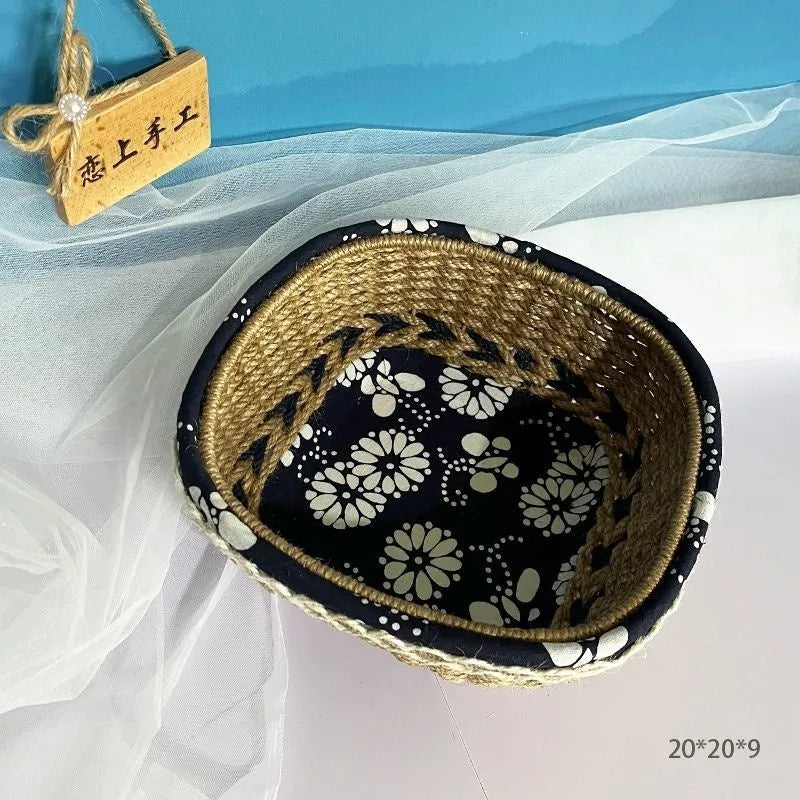 Hand-woven plastic storage basket, a finished twine storage frame for household, coffee table, and desktop small items organisation, available in a blue square design with a simple, clean aesthetic