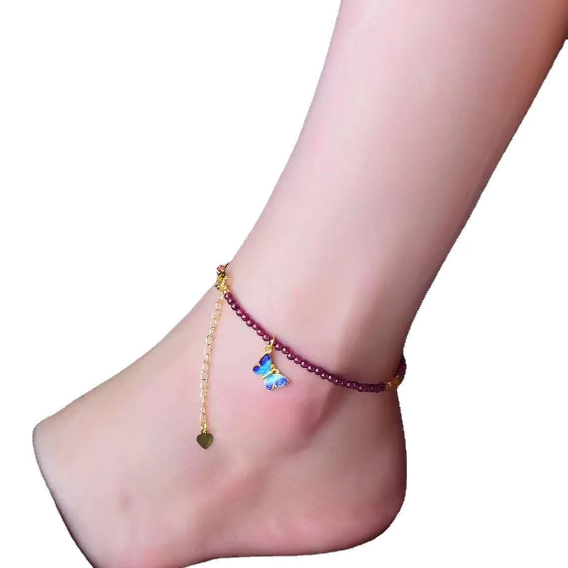 Purple garnet women's anklet with geometric ethnic design and included ankle chain