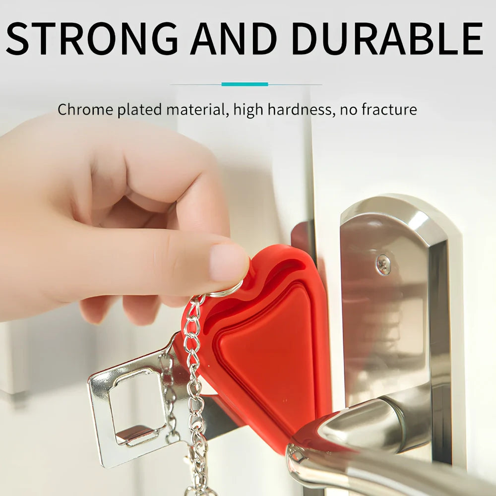 Red portable door security latch with chrome metal components for tool-free installation