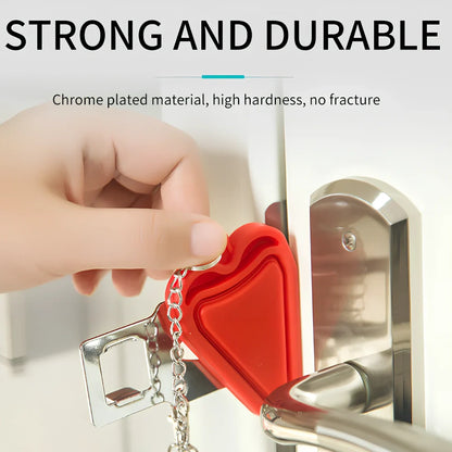 Red portable door security latch with chrome metal components for tool-free installation