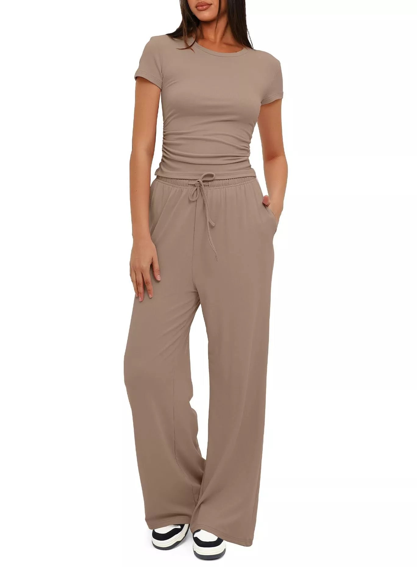 Women's 2-piece solid color yoga set with short-sleeve top and high-waisted pants