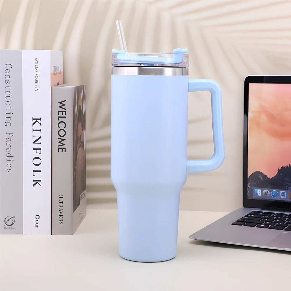 Black 40 oz stainless steel thermos cup with handle, double-wall insulation, Nordic style for office or outdoor use