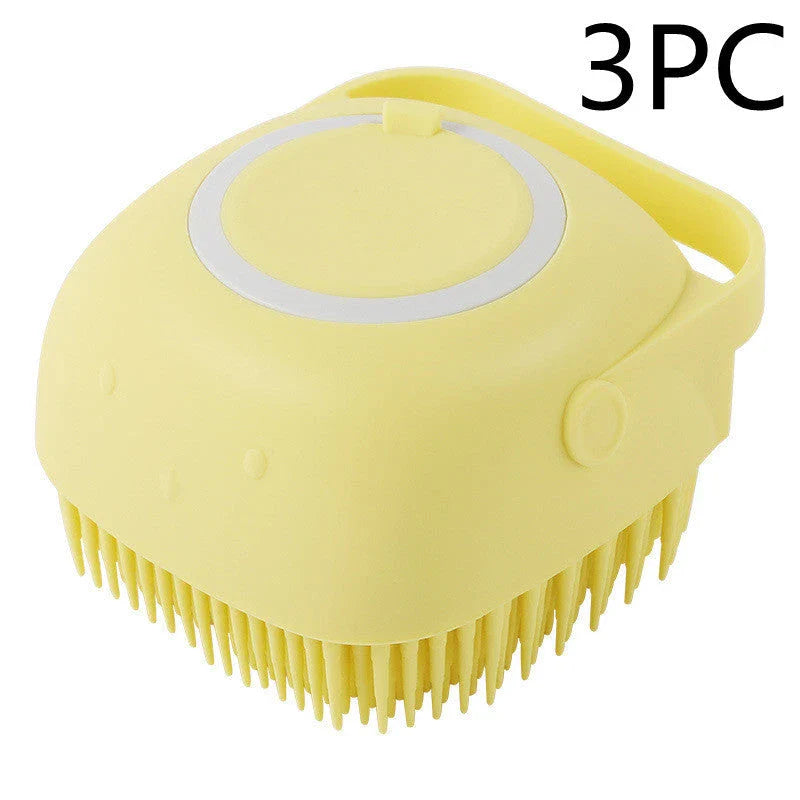 Silicone pet bath brush with shampoo dispenser, designed for gentle grooming and soothing massage