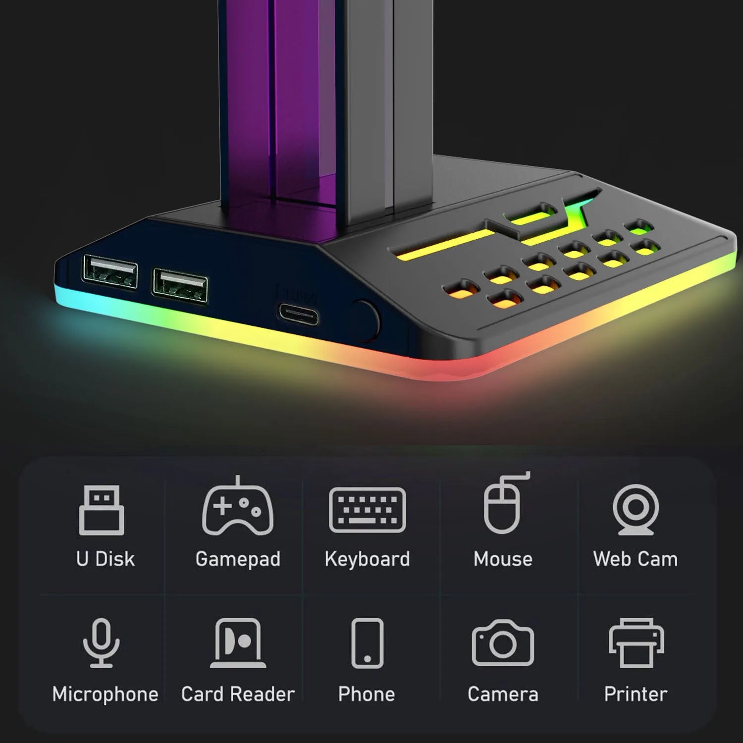 RGB headphone bracket with dual USB ports and colour changing LED lighting on acrylic stand