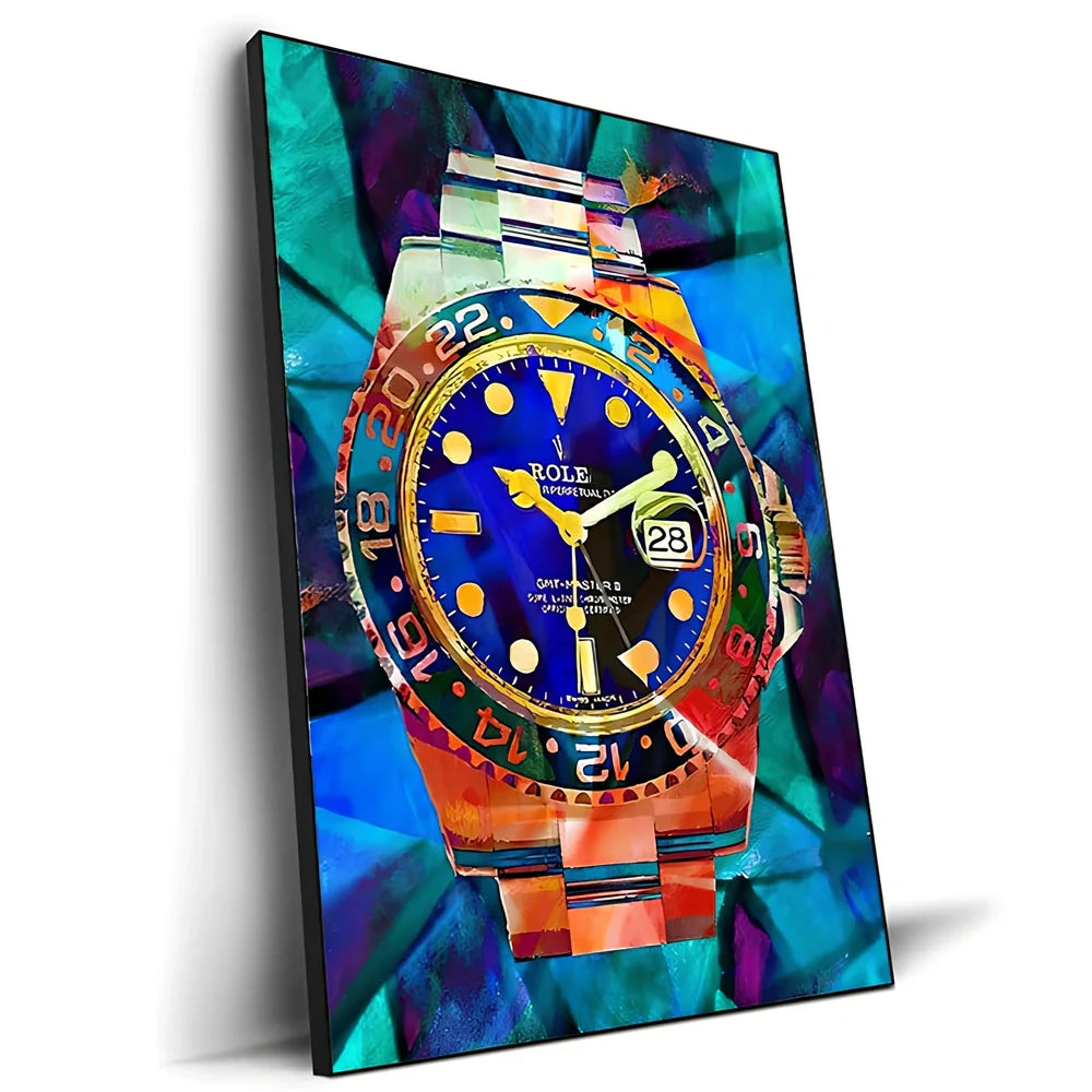 Spray-painted watch graffiti canvas art on oil painting cloth with white border