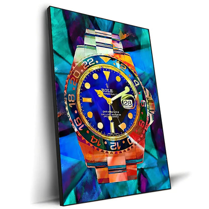Spray-painted watch graffiti canvas art on oil painting cloth with white border