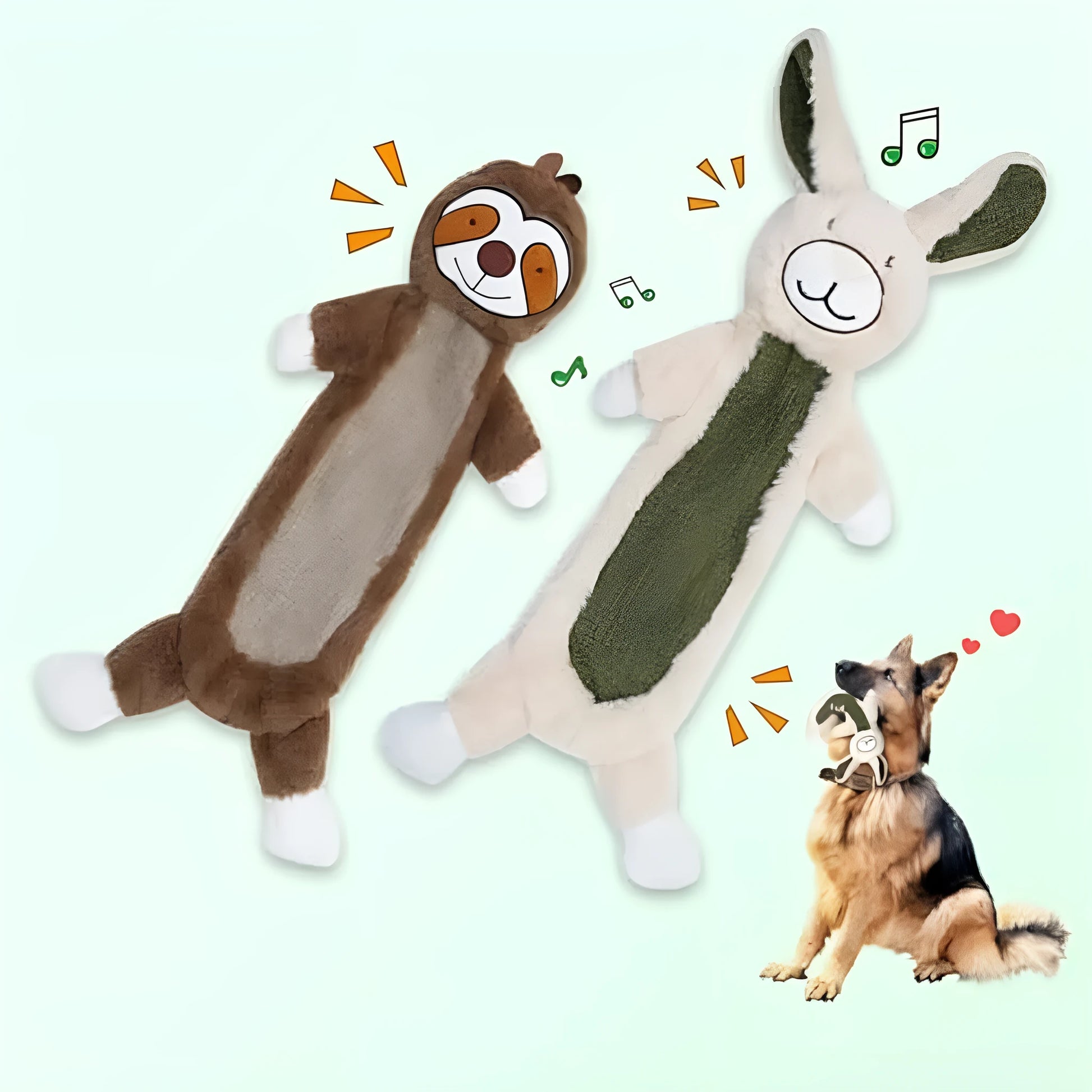 No stuffing crinkle dog toys showing rabbit and sloth plush designs for interactive canine play