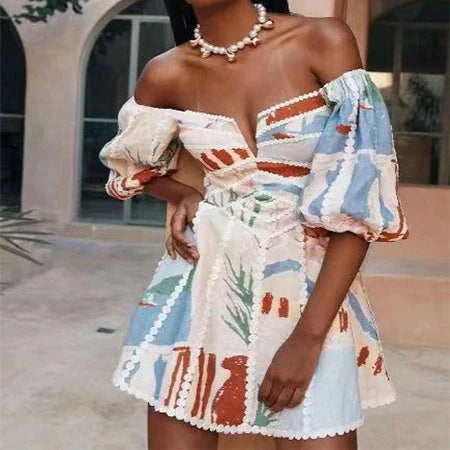 Women's red flower print lace sling dress with V-neck design