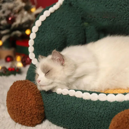 Green Christmas tree shaped closed cat nest with removable washable cover for winter and all season indoor use