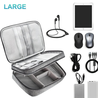 Gray waterproof electronics organiser bag open showing double-layer compartments with elastic loops and mesh pouches
