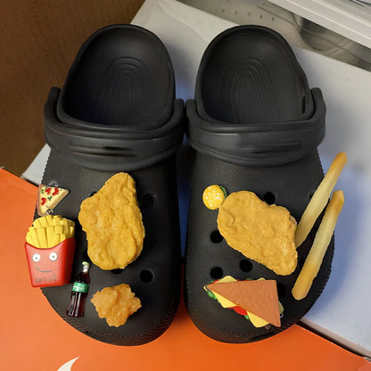 Six DIY plastic shoe buckles with fried chicken burger designs including double wheat chicken nuggets and double drumstick variations