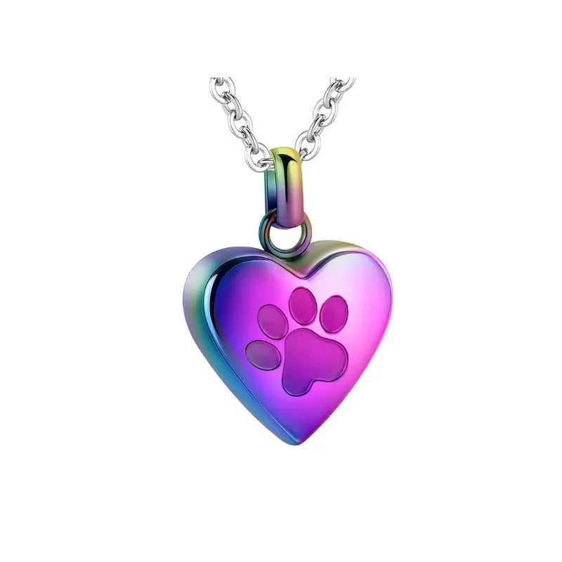 Simple Love paw print heart-shaped titanium steel cinerary necklace openable for keepsakes in five colours