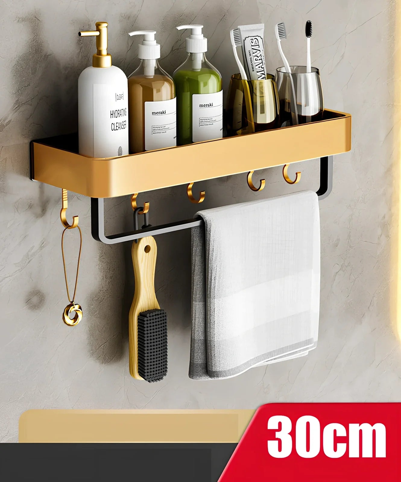 Modern space aluminum perforated towel storage rack, 40cm length with hook, wall-mounted for bathroom drying