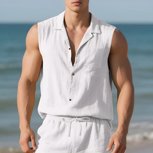 Loose-fit sleeveless linen cardigan vest with a polo collar in a solid colour on a hanger.