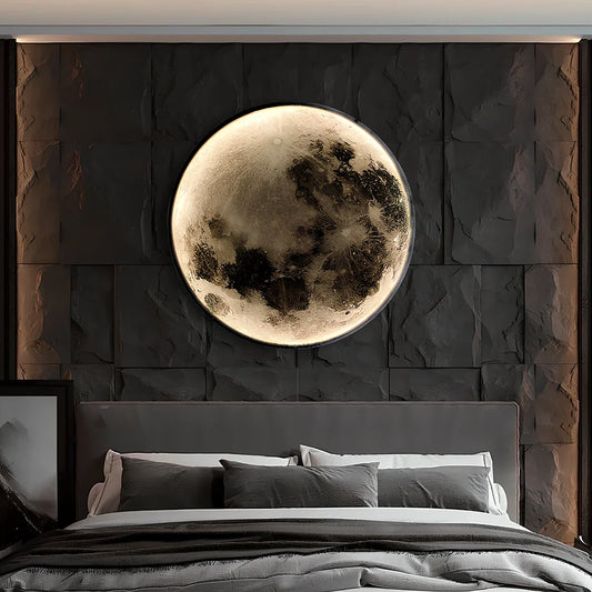 Moon wall lamp with 300mm diameter and warm dimmable light mounted on bedroom wall