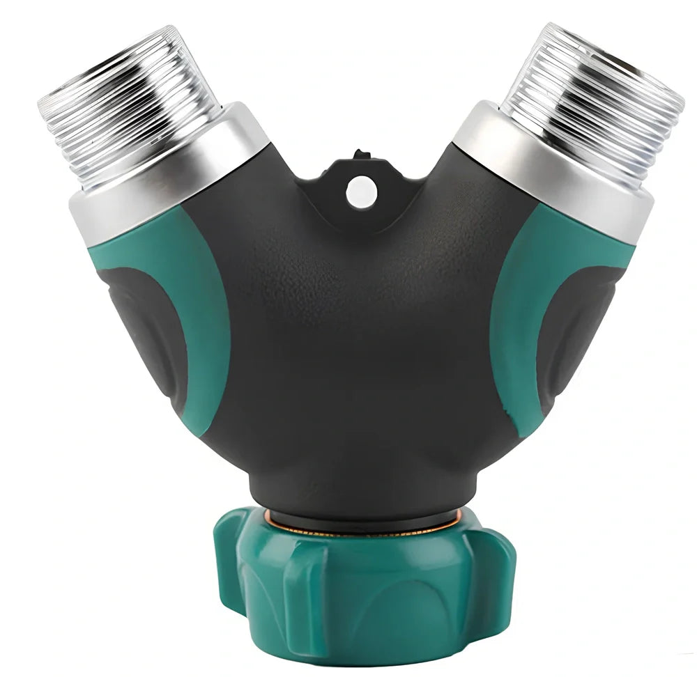 Green Y-type plastic fluid splitter with aluminium-plated copper inlet and zinc alloy outlets measuring 94x91x55mm