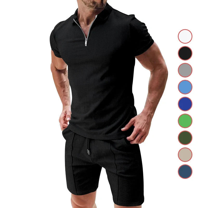 Men's waffle texture summer outfit set with zipper lapel top and drawstring shorts