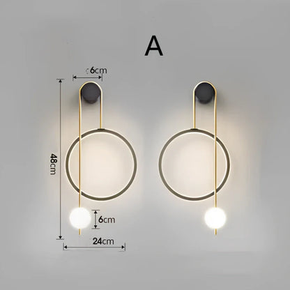 Nordic wall lamp with black gold finish and LED lighting, mounted beside bed with dimming controls